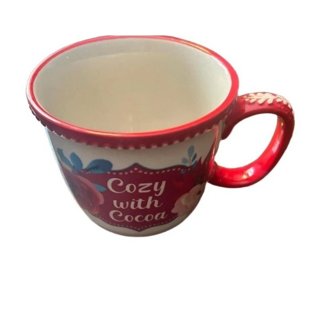 Pioneer Woman Mug Decorative Red Stoneware Floral Cozy with Cocoa‎ Country New